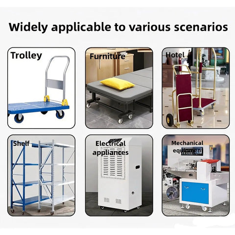 Various uses of Four Pack Heavy Duty Flat Top Plate Caster Wheels With Dual Swivel And Double Wheel Brakes for trolleys and furniture.
