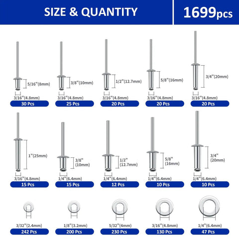 1699 Piece Aluminum Steel Pop Rivets And Washers Kit With Double Sided Storage Box 25 Sizes From 3/32 Inch To 1/4 Inch DIY Friendly