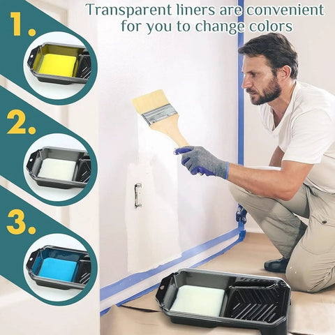 Pro Level Microfiber Paint Roller Set With Beefy Frame And Spill Tray Including Five Mega Grip Rollers And Three Soft Touch Brushes in use.