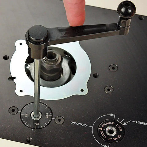 Professional Router Table Lift Featuring Spot On Crank Height Adjustment and Tight Reducing Rings for No Sweat Bit Changes with detailed manual crank.