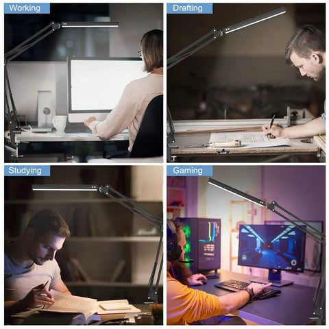 Swing Arm Desk Lamp With Clamp Dimmable Eye Care Desk Light Memory Function Three Color Modes Ten Brightness Levels in various settings