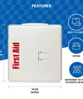First aid cabinet, white plastic, front view with red vertical First Aid label, 14.25 x 13.25 in, front latch