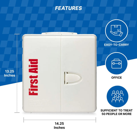 First aid cabinet, white plastic, front view with red vertical First Aid label, 14.25 x 13.25 in, front latch