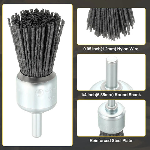 Top Shelf 12 Piece Wire Wheel And Pen Brush Set For Power Drills Featuring 1 4 Inch Round Shank gray nylon wire brush with 0.05 inch bristles.