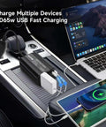 Beast Mode 400W Car Power Inverter DC 12V to 110V AC Adapter with PD65W USB charging multiple devices in a car interior.