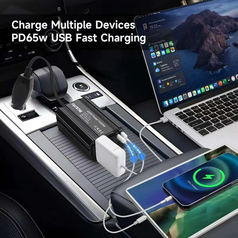 Beast Mode 400W Car Power Inverter DC 12V to 110V AC Adapter with PD65W USB charging multiple devices in a car interior.
