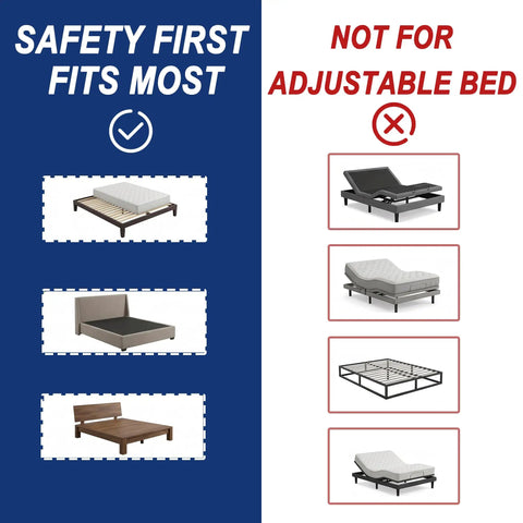 Infographic of Go-To Senior Bed Rail System showing compatibility. Fits standard beds, not for adjustable bed frames.