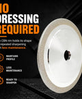 Pro Grade CBN Chainsaw Grinding Wheel 5 3/4 Inch Diameter with no dressing required for easy sharpening.