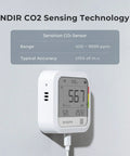 CO2 Monitor Thermometer Hygrometer With Remote IoT Alerts installed on wall showing digital display with temperature and humidity