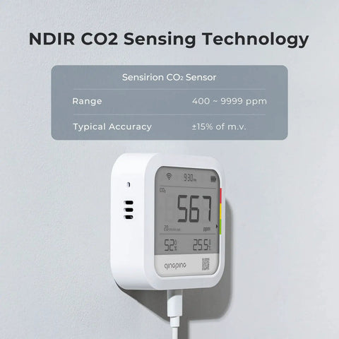 CO2 Monitor Thermometer Hygrometer With Remote IoT Alerts installed on wall showing digital display with temperature and humidity