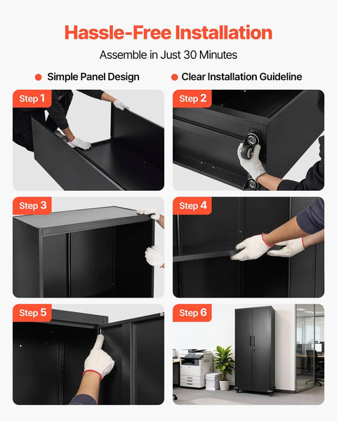 Six-step assembly of Beefy Rolling Metal Storage Cabinet With Five Adjustable Shelves Two Magnetic Doors And Two Keys in black steel