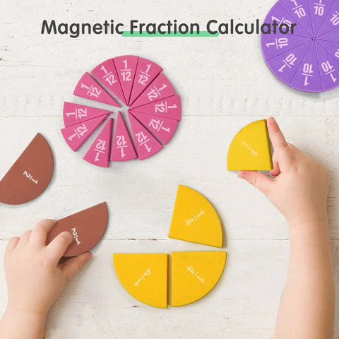 Kids using Magnetic Fraction Tiles Circle Set For Kids, 51 Pieces Rainbow Math Manipulatives with colorful fraction circles.