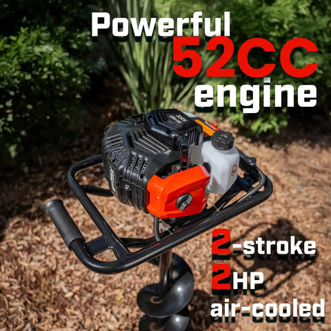 52cc Gas Powered Earth Auger with 8 Inch Bit showcased in garden, highlighting 2-stroke engine, ideal for landscaping projects