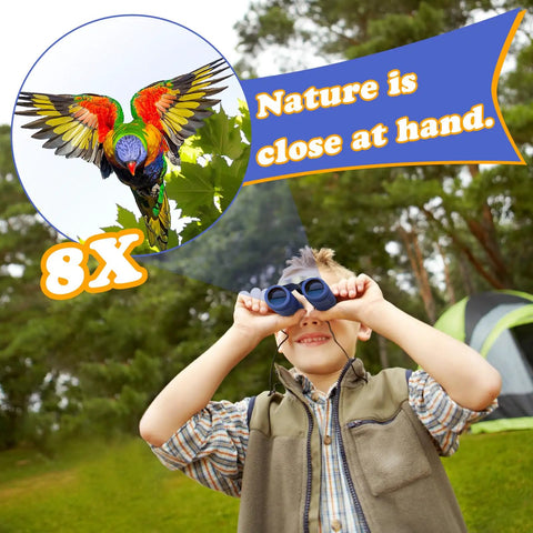 Real Binos For Kids 8x21 Compact And Shockproof Folding Mini Binos For Bird Watching Travel Camping Gift For Boys And Girls Ages 3-12 High Resolution Optics Soft Eyeguards Blue, boy using blue kids binoculars outdoors