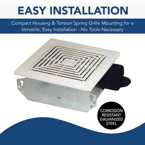 Quiet 70 CFM Ceiling Or Wall Mount Exhaust Fan with 6 Sones Easy Torsion Spring Grill shown on corrosion-resistant steel background