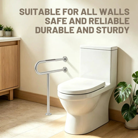 Rock Solid 32X28 Inch Brushed Nickel Toilet Grab Bar With T Shape Leg Heavy Duty 304 Stainless Steel Anti Slip Safety Rail next to a toilet.