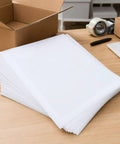 100 Piece Foam Pouches For Fragile Dishes And Glassware, Double Sided Cushioning Sleeves Protect Cups Mugs And Bowls During Moving, Shipping Or Storage, 11.8 Inch Square Foam Wraps For Breakable Tableware, white EPE foam sheets on packing table