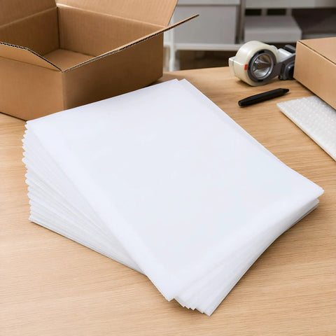 100 Piece Foam Pouches For Fragile Dishes And Glassware, Double Sided Cushioning Sleeves Protect Cups Mugs And Bowls During Moving, Shipping Or Storage, 11.8 Inch Square Foam Wraps For Breakable Tableware, white EPE foam sheets on packing table