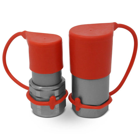 Pair of Summit Hydraulics 3/4 SAE-12 flat-face hydraulic quick-connect couplers with red dust caps