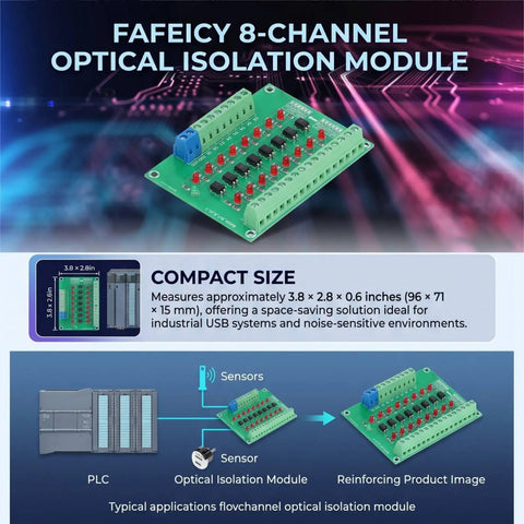 Eight Channel Optical Isolation Module For 24V To 5V Level Conversion With NPN Output PLC Signal Converter Board, diagram and size details