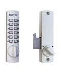Keyless Push Button Surface Mount Hook Bolt Lock For Sliding Doors White Finish With Programmable Code front and side view