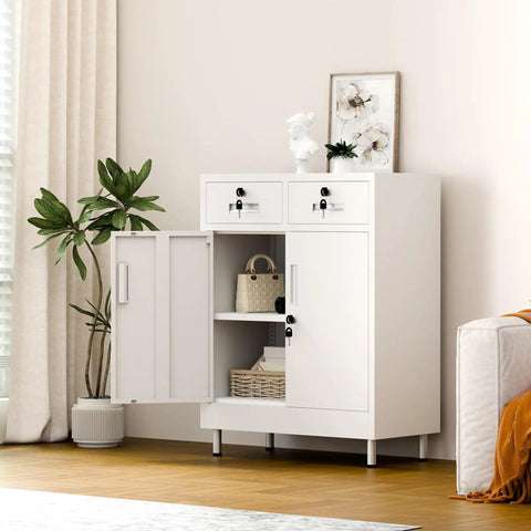 Built Tough Metal Storage Cabinet With Locking Doors And Two Drawers Lockable Cabinet With Adjustable Shelf For Home Office Garage Entryway Pantry White Finish on display
