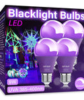Four Pack Led Black Light Bulbs A19 9W Ultraviolet 385 To 400 Nanometers E26 Dimmable For Neon Glow Parties Halloween Decor
