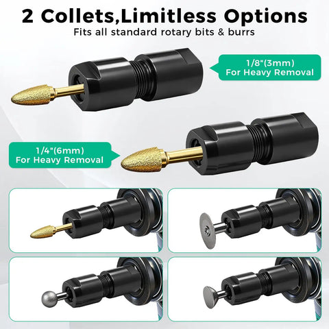 Two Pack Angle Grinder To Straight Chuck Adapter Set With 5/8-11 Thread To 1/4 And 1/8 Inch Collets showing adapter details.