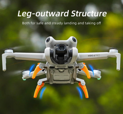 Mini 4 Pro drone with 30cm Height Landing Gear, lightweight orange quick release height extender for safe takeoffs and landings.