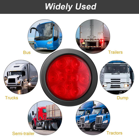 4 Inch Round LED Trailer Tail Lights Kit With 10 Ultra Bright LEDs Waterproof 12V displayed with various vehicle uses