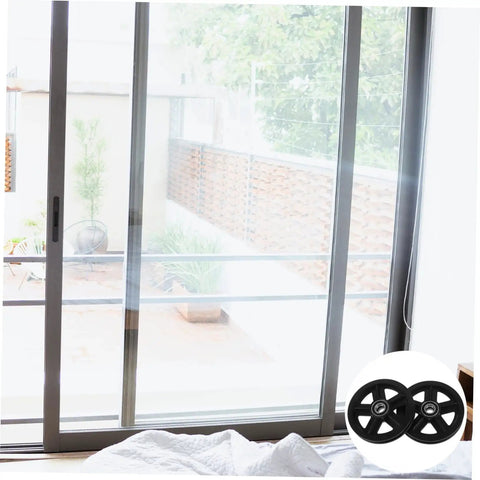Kickass Heavy Duty Sliding Door Pulley Wheel Kit With Rigid Casters For Barn Door Track System shown with sliding door and wheels.