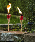 Two Pack Bamboo Tiki Torch Oil Lamp Set For Garden And Patio Outdoor Lighting With Citronella Scented Fuel, Hand Woven Rattan Design