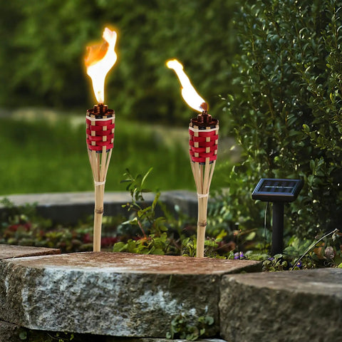 Two Pack Bamboo Tiki Torch Oil Lamp Set For Garden And Patio Outdoor Lighting With Citronella Scented Fuel, Hand Woven Rattan Design