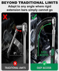 Comparison of traditional limits vs easy access with One Half Inch Flexible Socket Drill Bit Shaft Extension And Wrench Extender For Impact Drills And Torque Adapters 360 Degree Bendable Flex Rod Tools Long Reach Bar Set Six Pack in use.