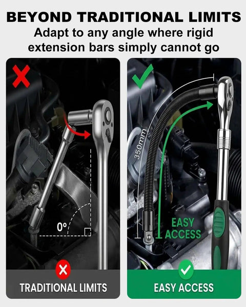 Comparison of traditional limits vs easy access with One Half Inch Flexible Socket Drill Bit Shaft Extension And Wrench Extender For Impact Drills And Torque Adapters 360 Degree Bendable Flex Rod Tools Long Reach Bar Set Six Pack in use.