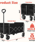 Collapsible Wagon Cart With Adjustable Handle No-Fuss 360 Lb Capacity Lightweight Black Haul Wagon shown folded and unfolded