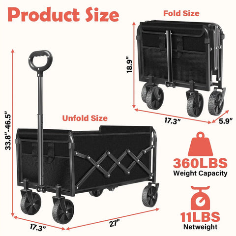 Collapsible Wagon Cart With Adjustable Handle No-Fuss 360 Lb Capacity Lightweight Black Haul Wagon shown folded and unfolded
