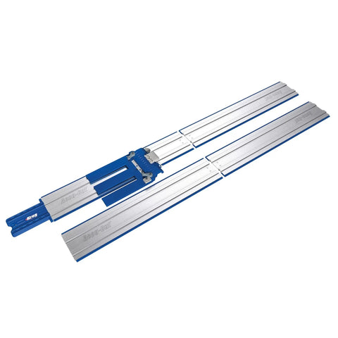Heavy Duty Circular Saw Track With Badass Grip Track Clamps For Full Sheet Plywood Cuts Smooth As Butter Precision Guiding Rail in blue aluminum.