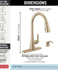 Dimensions of Modern Single Handle Kitchen Sink Faucet With Pull Down Spray Head And Built In Soap Dispenser, Magnetic Self Docking, Brushed Gold Finish.
