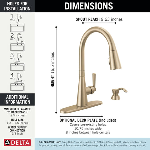Dimensions of Modern Single Handle Kitchen Sink Faucet With Pull Down Spray Head And Built In Soap Dispenser, Magnetic Self Docking, Brushed Gold Finish.