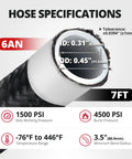 Hose specifications for Heavy Duty Evil Energy 6AN PTFE Transmission Line Kit 7 Feet Long, showcasing size and pressure ratings.