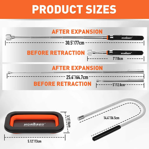 HORUSDY 4-piece magnetic pickup tool kit with extendable magnets, bendable sweeper, and collapsible parts tray.