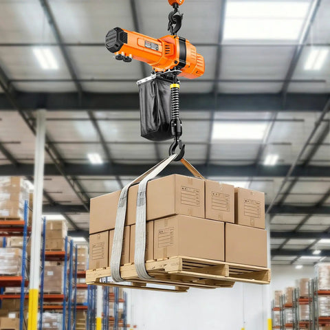 Heavy Duty 2200 Lbs Electric Chain Hoist With 10 Ft Lift, 120V Single Phase Motor lifting a pallet of boxes in a warehouse.