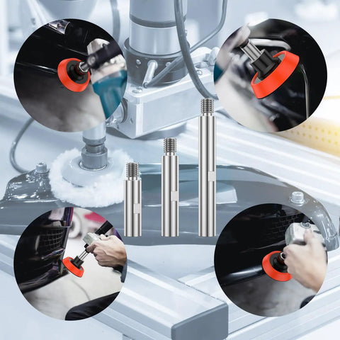 Beefy Three Piece Angle Grinder Extension Shaft Set With Rock Solid 5/8 To 11 Thread Fit and adapter in use on vehicle detailing.