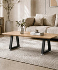 Living room with a wooden coffee table using 16 Inch Trapezoid Metal Table Legs Set Of 2 Beefy, Heavy Duty Black DIY Furniture Feet