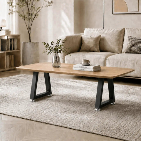 Living room with a wooden coffee table using 16 Inch Trapezoid Metal Table Legs Set Of 2 Beefy, Heavy Duty Black DIY Furniture Feet