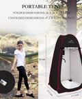 Instant Pop Up Privacy Tent 3.9x3.9x6.9 Ft Large Portable Changing Room near woman outdoors with storage pockets and sandbags.