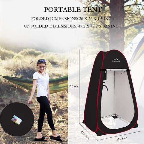Instant Pop Up Privacy Tent 3.9x3.9x6.9 Ft Large Portable Changing Room near woman outdoors with storage pockets and sandbags.