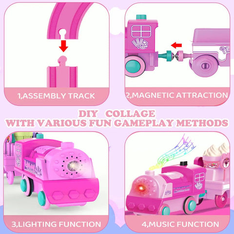 Pink Train Set For Toddlers And Kids With Light Up Tracks And Music, showing assembly, magnetic features, and lighting