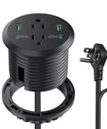 Top Shelf Three Inch Flush Mount Desktop Power Grommet With Two AC Outlets And Four Usb Ports Featuring PD 20W Fast Charge Plus A Six Foot Cord.